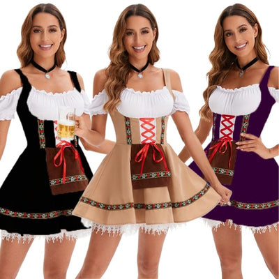 Women’s beer festival costume in black, purple, brown, blue, and green.